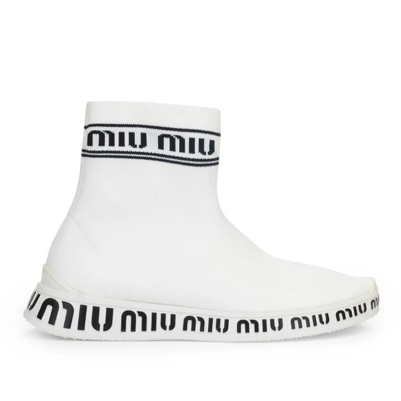 NWT Miu Miu High Top Sock Sneakers White Knit Logo Pattern Rubber Sole - Picture 1 of 11